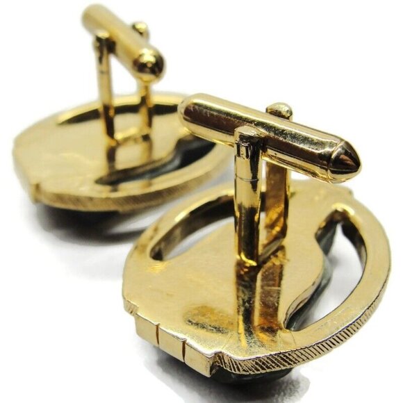 Swank Carved Buddha Green Jade Gold Tone Cufflinks Tux Suit Vintage - Picture 8 of 8